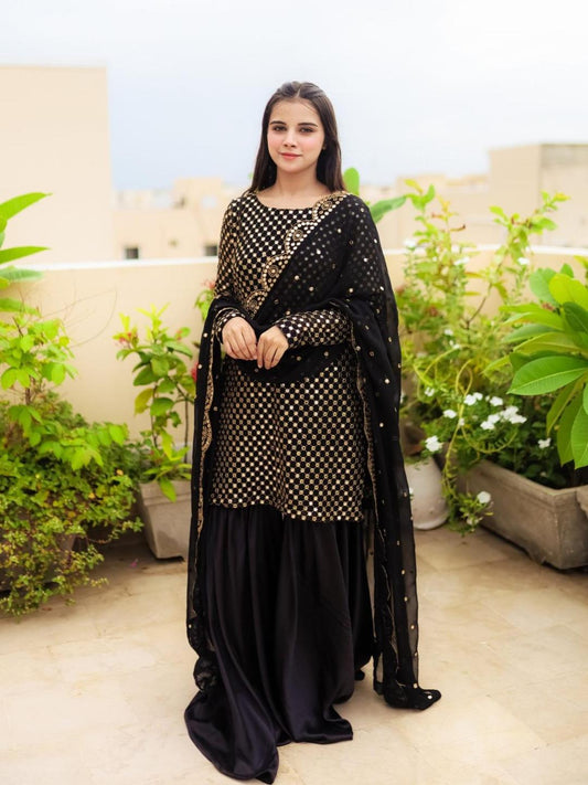 Stunning Black Chiffon Sequins Embroidered Gharara Shirt Set - 3 pcs