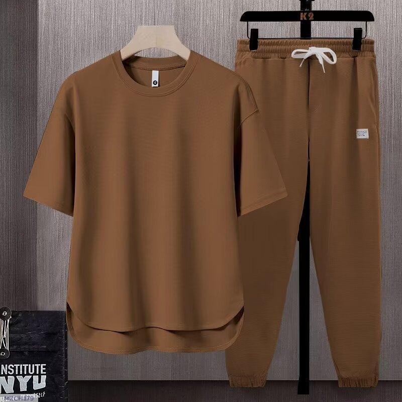 Men's Summer Two - Piece Suit - Solid Color T-Shirt and Trouser,Apricot