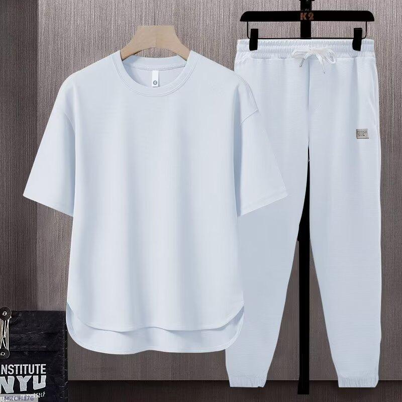 Men's Summer Two - Piece Suit - Solid Color T-Shirt and Trouser,Apricot