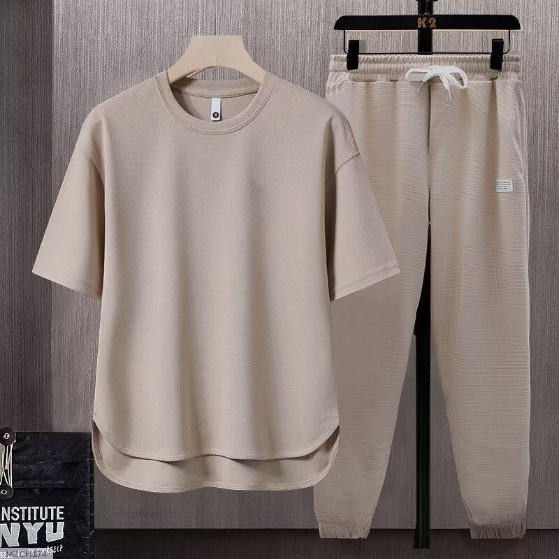 Men's Summer Two - Piece Suit - Solid Color T-Shirt and Trouser,Apricot